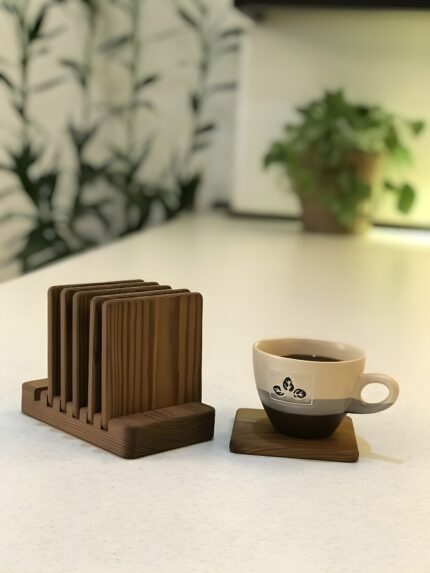 "Wooden coaster set Coasters with holder Square drink coasters Natural wood coasters Coffee and tea table protectors"