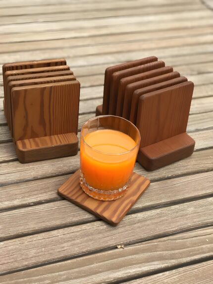 "Wooden coaster set Coasters with holder Square drink coasters Natural wood coasters Coffee and tea table protectors"