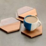 "Wood and marble coasters Hexagonal drink coasters Geometric coaster set Minimalist beverage coasters Elegant table protectors"
