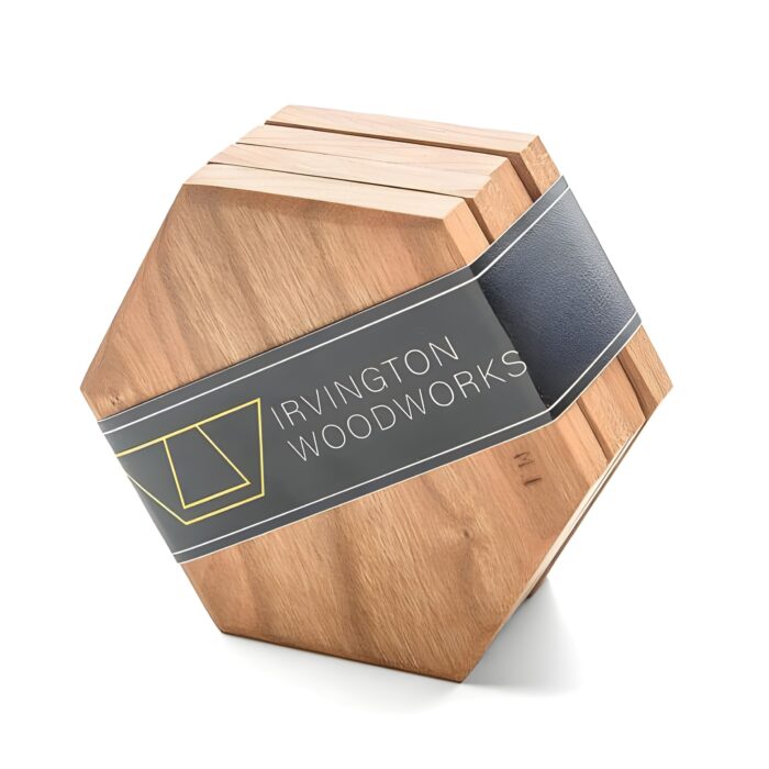 "Wood and marble coasters Hexagonal drink coasters Geometric coaster set Minimalist beverage coasters Elegant table protectors"