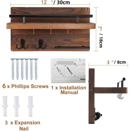 "Wall-mounted key holder Rustic mail organizer Wooden entryway decor Key hooks with shelf Multifunctional key and mail holder"