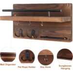 "Wall-mounted key holder Rustic mail organizer Wooden entryway decor Key hooks with shelf Multifunctional key and mail holder"