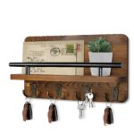 "Wall-mounted key holder Rustic mail organizer Wooden entryway decor Key hooks with shelf Multifunctional key and mail holder"