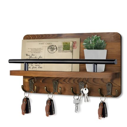 "Wall-mounted key holder Rustic mail organizer Wooden entryway decor Key hooks with shelf Multifunctional key and mail holder"