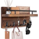 "Wall-mounted key holder Rustic mail organizer Wooden entryway decor Key hooks with shelf Multifunctional key and mail holder"