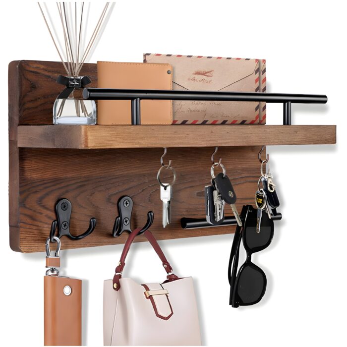 "Wall-mounted key holder Rustic mail organizer Wooden entryway decor Key hooks with shelf Multifunctional key and mail holder"
