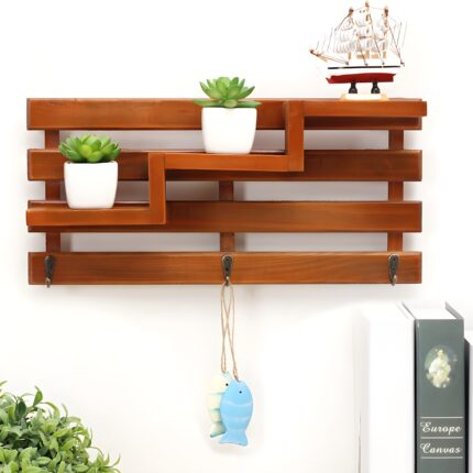 " Wall-mounted wooden shelf Rustic key holder Entryway decorative organizer Floating plant shelf Modern wall decor organizer"