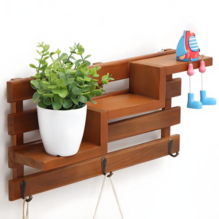 " Wall-mounted wooden shelf Rustic key holder Entryway decorative organizer Floating plant shelf Modern wall decor organizer"
