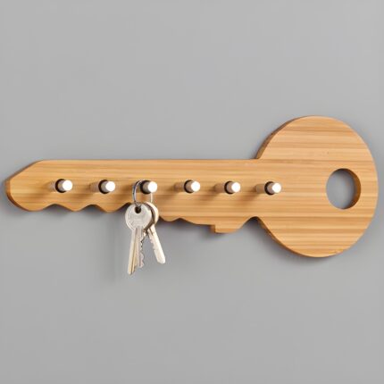 " Key-shaped wall organizer Wooden key holder with hooks Modern rustic wall decor Entryway key organizer Stylish wooden wall hook"