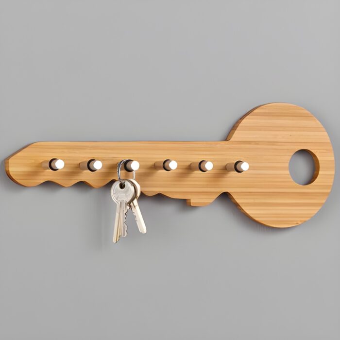 " Key-shaped wall organizer Wooden key holder with hooks Modern rustic wall decor Entryway key organizer Stylish wooden wall hook"