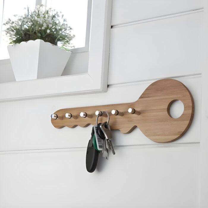 " Key-shaped wall organizer Wooden key holder with hooks Modern rustic wall decor Entryway key organizer Stylish wooden wall hook"