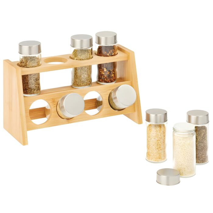 Wooden spice rack Countertop spice organizer Kitchen storage for herbs and spices Compact spice rack with jars Rustic kitchen accessory