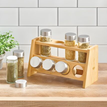 Wooden spice rack Countertop spice organizer Kitchen storage for herbs and spices Compact spice rack with jars Rustic kitchen accessory