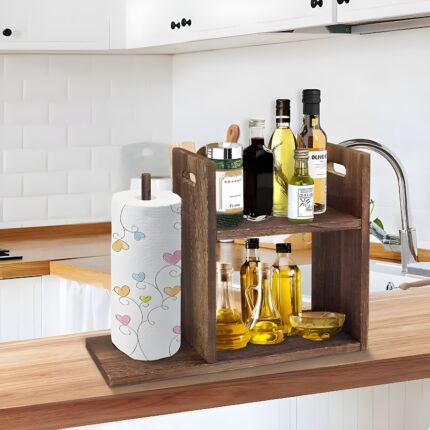 "Rustic countertop organizer Wooden kitchen storage rack 2-tier kitchen organizer Paper towel holder rack Farmhouse-style kitchen decor"