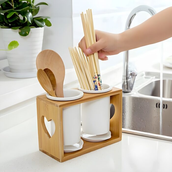 "Rustic utensil holder Wooden and glass kitchen organizer Heart-cut design utensil holder Farmhouse-style utensil rack Minimalistic kitchen decor"