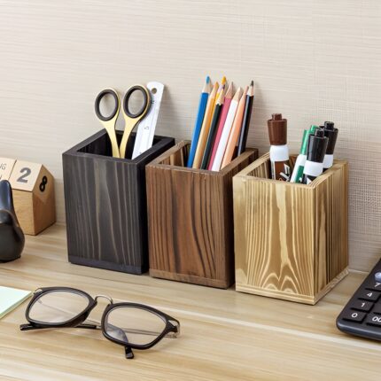 "Minimalist pen holder Wooden desk organizer Rustic office accessories Natural wood pencil holder Stylish workspace organization"