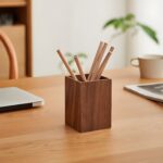 "Minimalist pen holder Wooden desk organizer Rustic office accessories Natural wood pencil holder Stylish workspace organization"