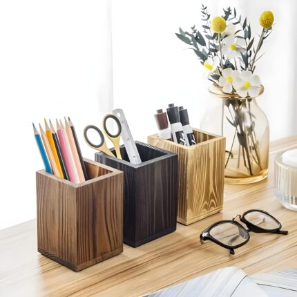 "Minimalist pen holder Wooden desk organizer Rustic office accessories Natural wood pencil holder Stylish workspace organization"