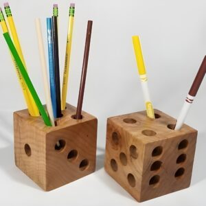 "Wooden dice pen holder Dice desk organizer Handcrafted wooden stationery holder Unique office accessories Rustic desk decor "