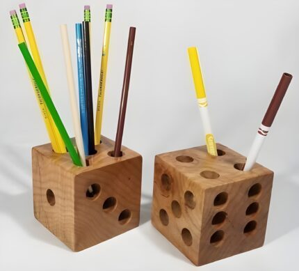 "Wooden dice pen holder Dice desk organizer Handcrafted wooden stationery holder Unique office accessories Rustic desk decor "