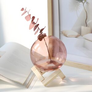 "Modern glass vase with wooden stand Minimalist flower vase Round blush-pink glass vase Contemporary home décor Scandinavian-inspired vases "