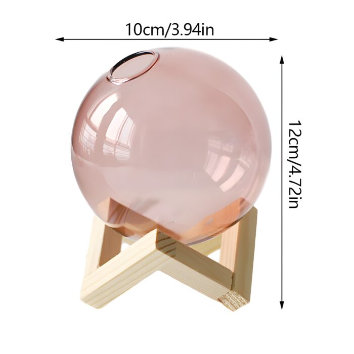 "Modern glass vase with wooden stand Minimalist flower vase Round blush-pink glass vase Contemporary home décor Scandinavian-inspired vases "