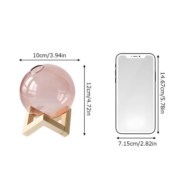 "Modern glass vase with wooden stand Minimalist flower vase Round blush-pink glass vase Contemporary home décor Scandinavian-inspired vases "