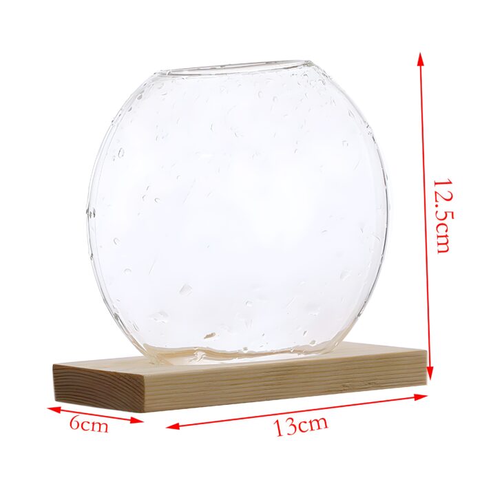 "Modern glass vase with wood base Round hydroponic vase Minimalist flower vase Scandinavian home décor Clear glass vases for plants"