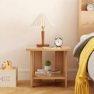 "Compact wooden nightstand Bedside table with open shelf Minimalist small side table Space-saving furniture Scandinavian bedside table"