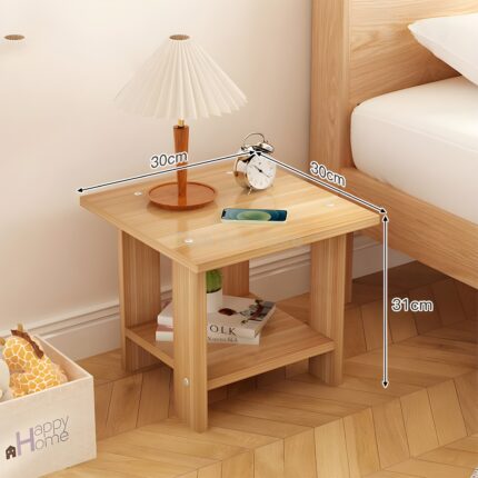 "Compact wooden nightstand Bedside table with open shelf Minimalist small side table Space-saving furniture Scandinavian bedside table"