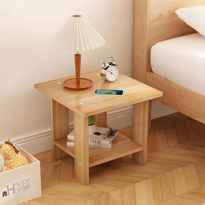 "Compact wooden nightstand Bedside table with open shelf Minimalist small side table Space-saving furniture Scandinavian bedside table"