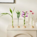 "Minimalist flower vase set Wooden base test tube vases Modern plant propagation vases Unique home decor ideas Scandinavian flower vases"