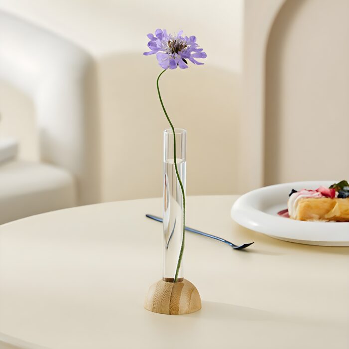 "Minimalist flower vase set Wooden base test tube vases Modern plant propagation vases Unique home decor ideas Scandinavian flower vases"