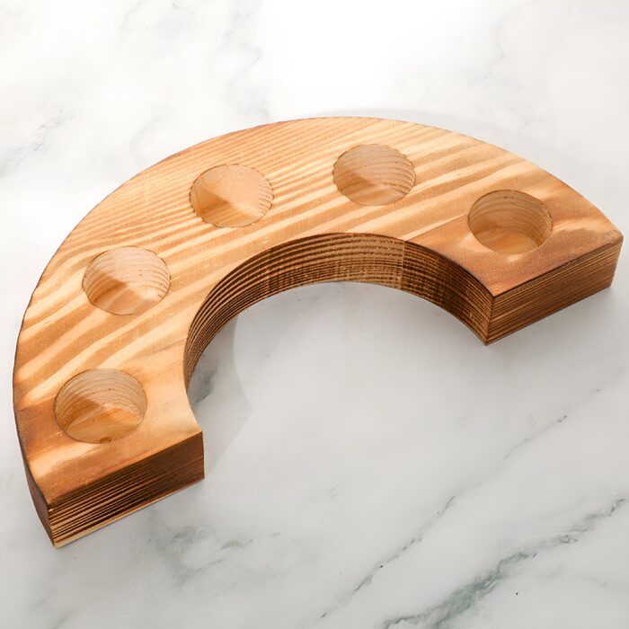"Rustic test tube flower vase holder Semi-circular wooden vase holder Multi-tube propagation station Decorative centerpiece with glass vases Unique wooden floral decor"