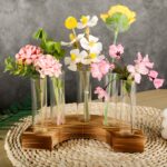 "Rustic test tube flower vase holder Semi-circular wooden vase holder Multi-tube propagation station Decorative centerpiece with glass vases Unique wooden floral decor"