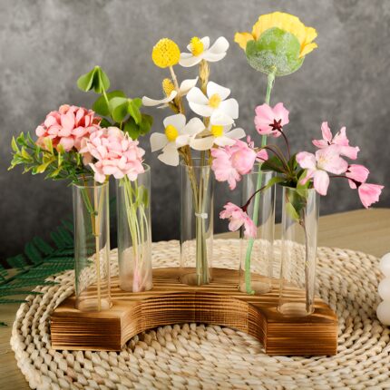 "Rustic test tube flower vase holder Semi-circular wooden vase holder Multi-tube propagation station Decorative centerpiece with glass vases Unique wooden floral decor"