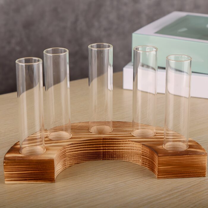 "Rustic test tube flower vase holder Semi-circular wooden vase holder Multi-tube propagation station Decorative centerpiece with glass vases Unique wooden floral decor"