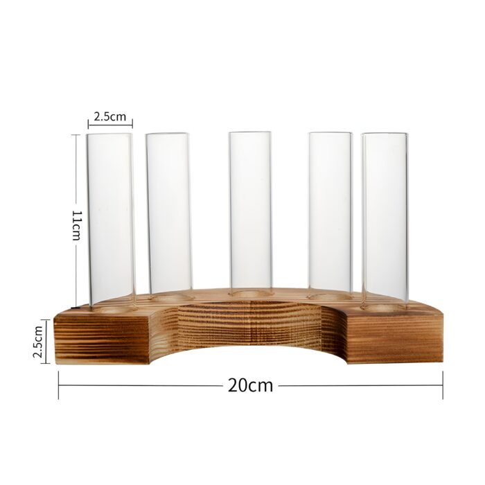 "Rustic test tube flower vase holder Semi-circular wooden vase holder Multi-tube propagation station Decorative centerpiece with glass vases Unique wooden floral decor"