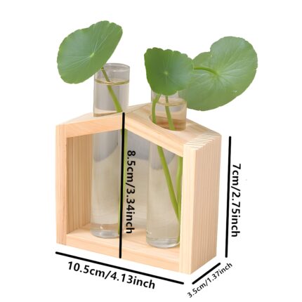 "House-shaped plant propagation station Wooden test tube vase holder Minimalist flower vase with wooden frame Indoor propagation decor Glass vase with wooden stand"