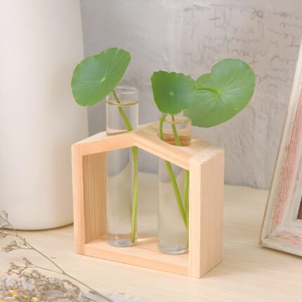 "House-shaped plant propagation station Wooden test tube vase holder Minimalist flower vase with wooden frame Indoor propagation decor Glass vase with wooden stand"