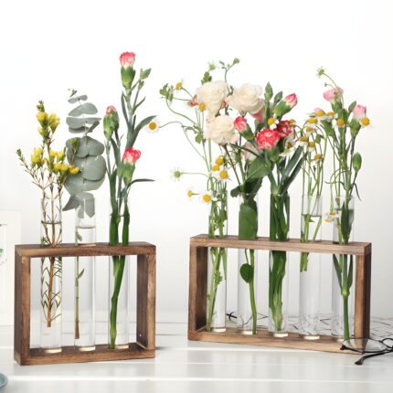 " Rustic propagation station Wooden frame test tube vase Glass tube planter display Propagation tools for indoor plants Minimalist floral decor vase"