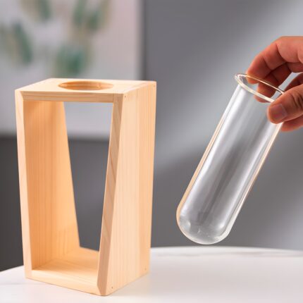 " Minimalist propagation vase Scandinavian test tube flower vase Wooden frame floral decor Single-stem glass vase display Compact indoor propagation tools"