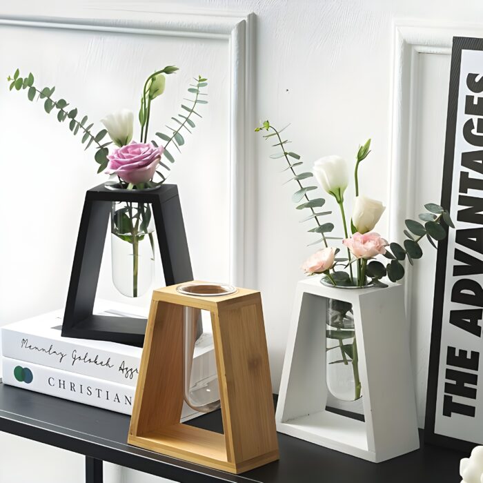 " Minimalist propagation vase Scandinavian test tube flower vase Wooden frame floral decor Single-stem glass vase display Compact indoor propagation tools"