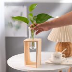 " Minimalist propagation vase Scandinavian test tube flower vase Wooden frame floral decor Single-stem glass vase display Compact indoor propagation tools"