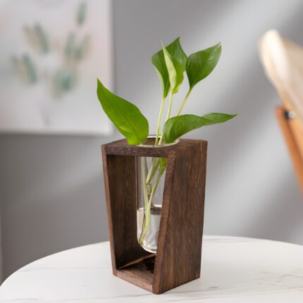 " Minimalist propagation vase Scandinavian test tube flower vase Wooden frame floral decor Single-stem glass vase display Compact indoor propagation tools"