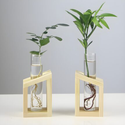 " Propagation station set Minimalist wooden test tube vases Modern plant propagation tools Decorative plant root display set Geometric glass and"