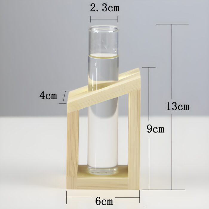 " Minimalist propagation station Modern test tube vase set Plant propagation decor ideas Decorative wooden frame glass vases Angled propagation vase duo"