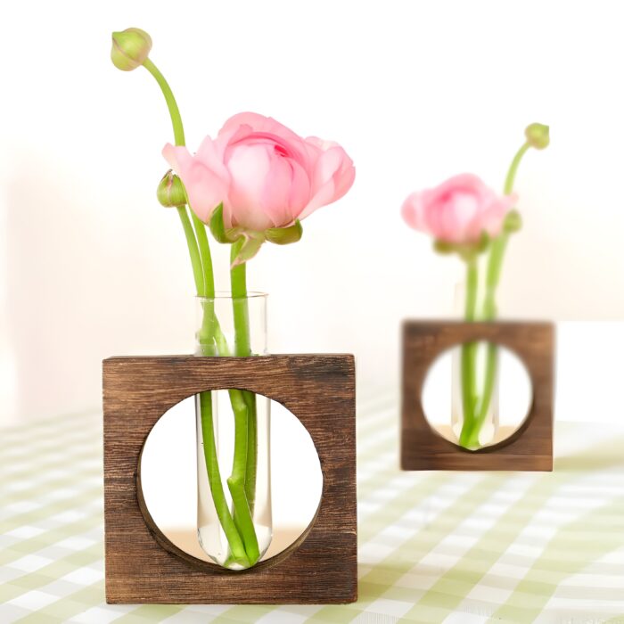 " Circular propagation vase Modern wooden test tube planter Plant propagation decor ideas Hydroponic plant display vase Minimalist desk deco"