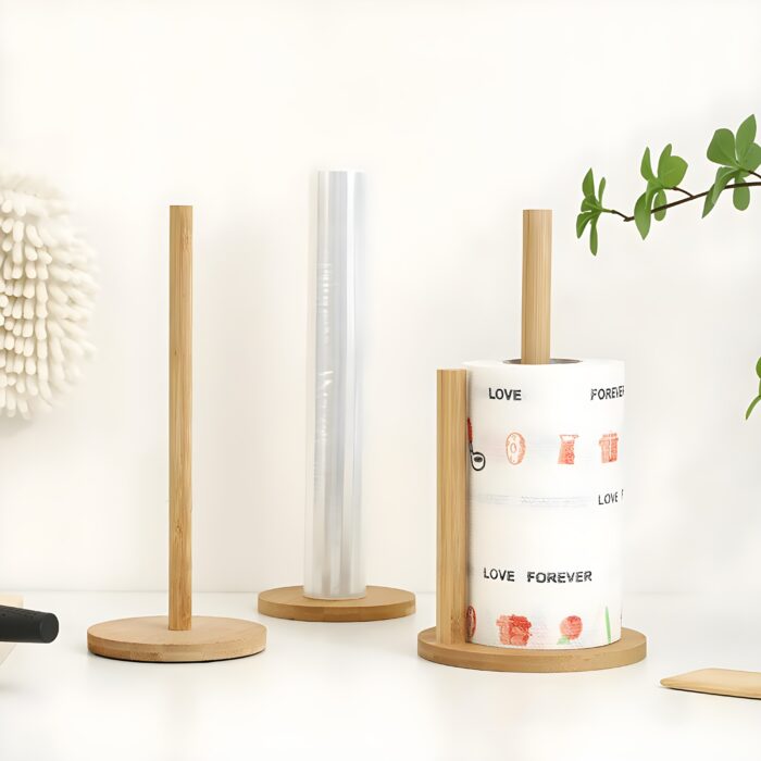 "Bamboo kitchen accessories Paper towel holder for countertops Modern bamboo paper towel organizer Eco-friendly kitchen decor Minimalist bamboo kitchen essentials"