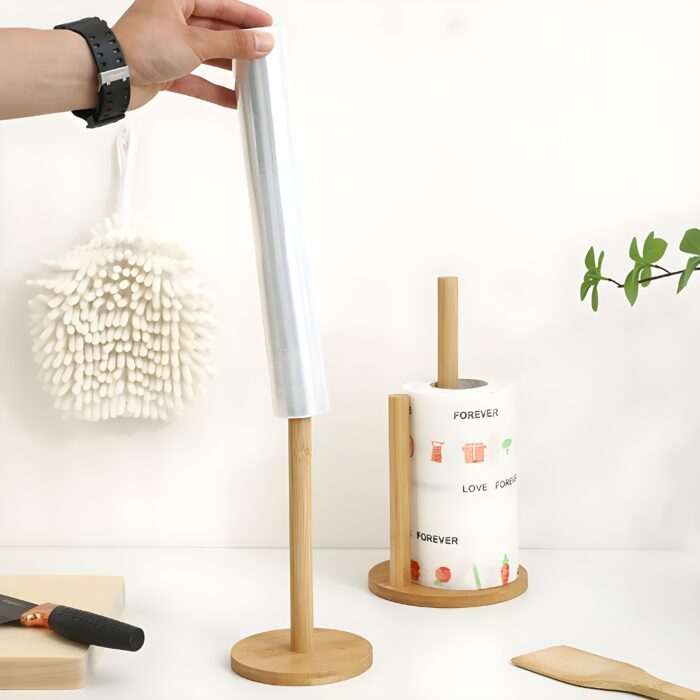 "Bamboo kitchen accessories Paper towel holder for countertops Modern bamboo paper towel organizer Eco-friendly kitchen decor Minimalist bamboo kitchen essentials"